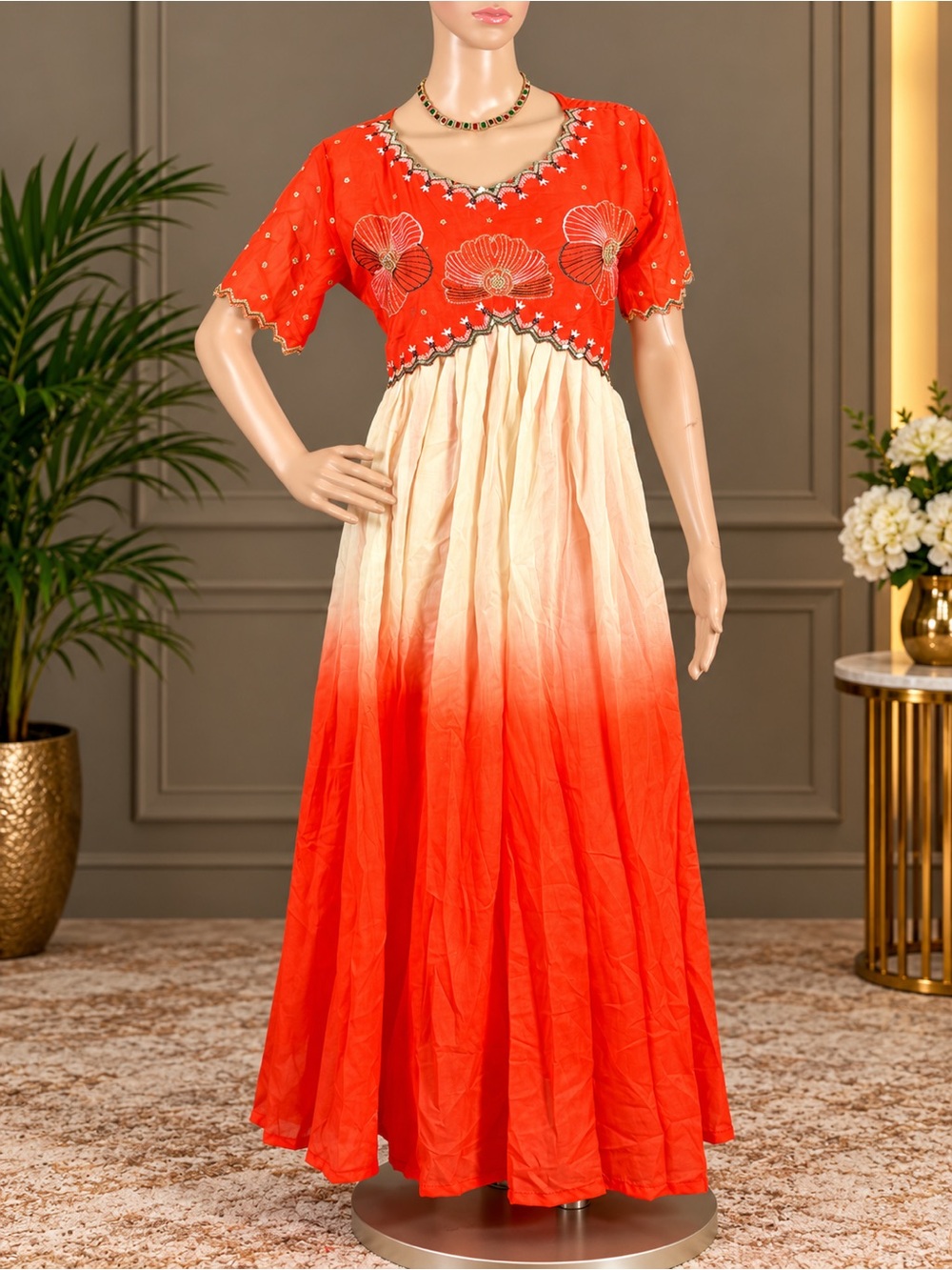 Embroidered Orange and Cream Ombre Women’s Maxi Dress,Size - L(40”)